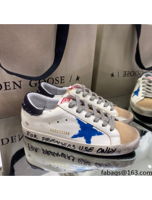 Golden Goose Super-Star Sneakers in White Leather with Black Heel Tab and Blue Star 2021
