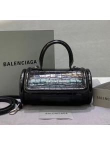Balenciaga Round Cylindric Shoulder Bag in Crocodile Pattern Calfskin Black 2020