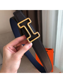 Hermes Tonight Reversible Leather Buckle Belt 38mm Blue/Black/Gold 2019