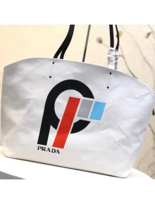 Prada Printed Canvas Large Tote with Lettering Print 1BG220 White 2018