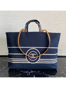 Chanel Striped Denim Large Shopping Bag Blue 2021