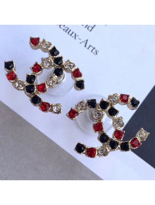 Chanel Multicolored Crystal Stone CC Stud Earrings Red/Black/Crystal White 2019
