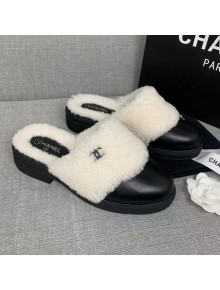 Chanel Leather Shearling Wool Flat Mules Black 2020