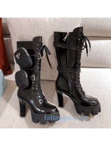 Prada Shiny Leather Heel Platform High Boots with Nylon Pouch Black 2020