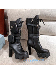 Prada Calfskin Heel Platform High Boots with Nylon Pouch Black 2020