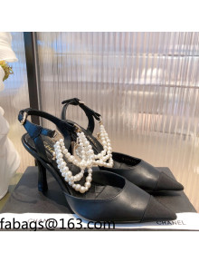 Chanel Lambskin Heeled Pearl Slingback Pumps 9cm G37532 Black 2021