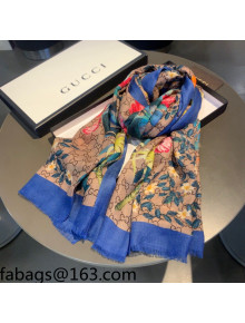 Gucci GG Flora Print Cashmere Scarf 100x200cm Blue 2021