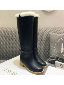 Dior D-Furious High Boots in Black Calfskin and Shearling Wool 2020