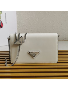 Prada Brushed Leather Shoulder Bag with Triangle logo Chain 1BD307 White 2021