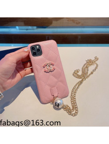 Chanel Leather iPhone Case with Pearl Chain Strap Pink 2021 1104104
