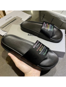 Balenciaga Leather Language Print Flat Slide Sandals Black 2021 (For Women and Men)