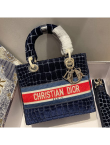 Dior Medium Lady D-Lite Bag in Blue Crocodile-Effect Embroidered Velvet 2021