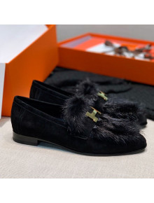 Hermes Suede Mink Fur H Flat Loafers Black 2020