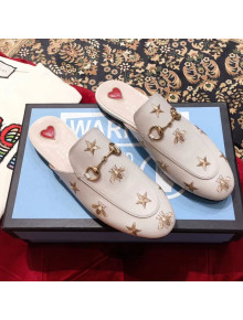 Gucci Pricetown Flat Embroidered Bee Leather Slipper Mules White/Gold 2019