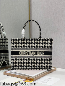 Dior Medium Book Tote Bag in Black and White Houndstooth Embroidery 2021