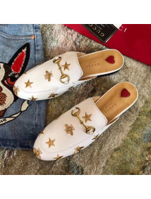Gucci Pricetown Flat Embroidered Bee Leather Slipper Mules White/Beige Insole 2019