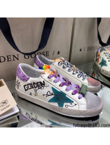 Golden Goose Super-Star Sneakers in White Leather with Graffiti and Purple Back 2021