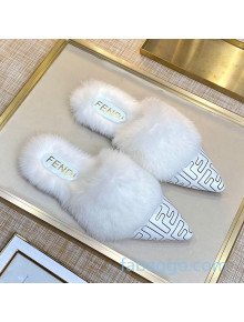 Fendi FF Calfskin Fur Flat Slippers Mules White 2020