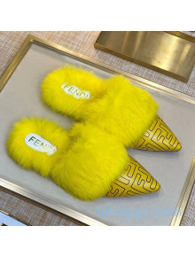 Fendi FF Calfskin Fur Flat Slippers Mules Yellow 2020