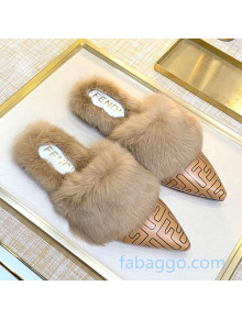 Fendi FF Calfskin Fur Flat Slippers Mules Brown 2020