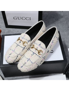 Gucci Jordaan Horsebit Tweed Flat Loafers White 2020