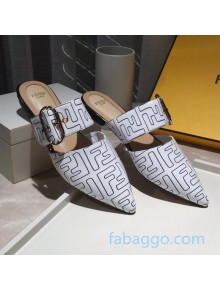 Fendi FF Leather Flat Mules with Buckle Band White 2020