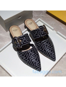 Fendi FF Leather Flat Mules with Buckle Band Black 2020