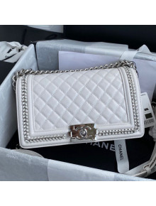 Chanel Quilted Calfskin Chain Charm Boy Handbag A67086 White/Silver 2020