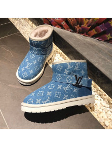 Louis Vuitton Monogram Denim Wool Short Boots with LV Strap Blue 2020