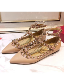 Valentino Smooth Leather Rockstud Ballerina With Strap Nude
