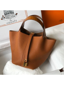 Hermes Touch Picotin Bag 18cm with Crocodile Embossed Leather Top Handle Caramel Brown/Gold 2020