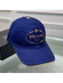Prada Canvas Baseball Hat with Gold Logo Embroidery Navy Blue 2020
