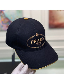 Prada Canvas Baseball Hat with Gold Logo Embroidery Black 2020