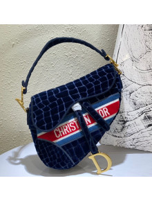 Dior Medium Saddle Bag in Blue Crocodile-Effect Embroidered Velvet 2021