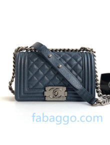 Chanel Quilted Grained Leather Small Classic Boy Flap Bag A67085 Blue/Aged Silver 2020