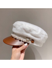 Chanel Shearling Wool Hat with Pearl Charm White 2020