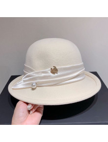 Chanel Wool Bucket Hat with Pearl Silk Strap White 2020