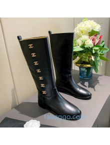 Chanel Calfskin CC Buckle Side High Boots Black 2020