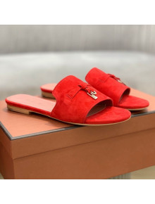 Loro Piana Suede Flat Slide Sandals Red 2021 09