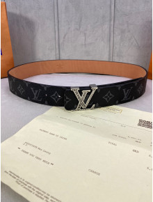 Louis Vuitton Monogram Black Canvas Belt 40mm with Silver Striped LV Buckle 2020