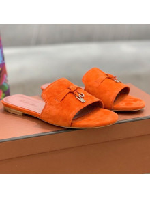 Loro Piana Suede Flat Slide Sandals Orange 2021 11