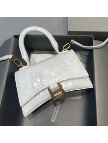 Balenciaga Hourglass Mini Top Handle Bag in Shiny Crocodile Leather White 2021