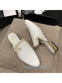 Chanel Leather Flat Mules with Chain Charm White 2020 08
