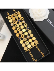 Chanel Round Metal Cutout Lettering Wide Bracelet AB1587 Gold/Blue 2019