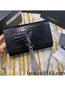 Saint Laurent Kate Chain Wallet with Tassel in Shiny Crocodile Embossed Leather 452159 Black/Silver  