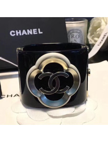 Chanel Resin Camellia Bloom Cuff Bracelet Black 2019