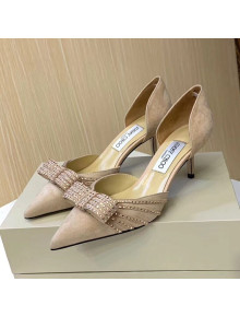 Jimmy Choo Suede Crystal Bow Mid-Heel Pumps Apricot 2020