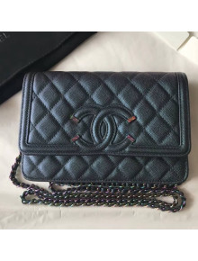 Chanel Metallic Grined Green Calfskin CC Filigree Wallet on Chain WOC Bag A84451 2018