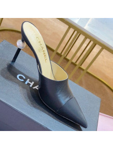 Chanel Leather Pointed Toe Pearl High-Heel Mules Black 2019