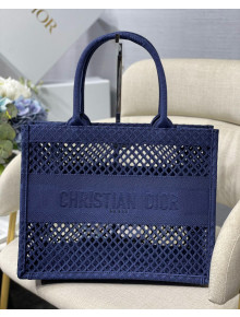 Dior Small Book Tote Bag in Navy Blue Mesh Embroidery 2020